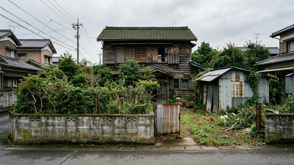 物置と塀と生垣のある古い家の敷地