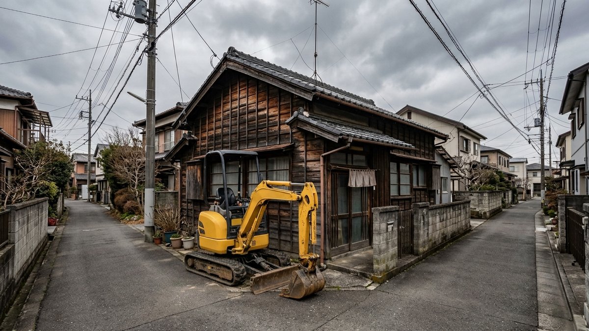 古い家の前に置かれた重機