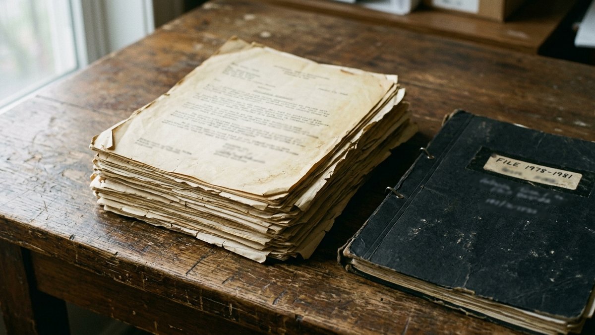 机の上の古い書類の束