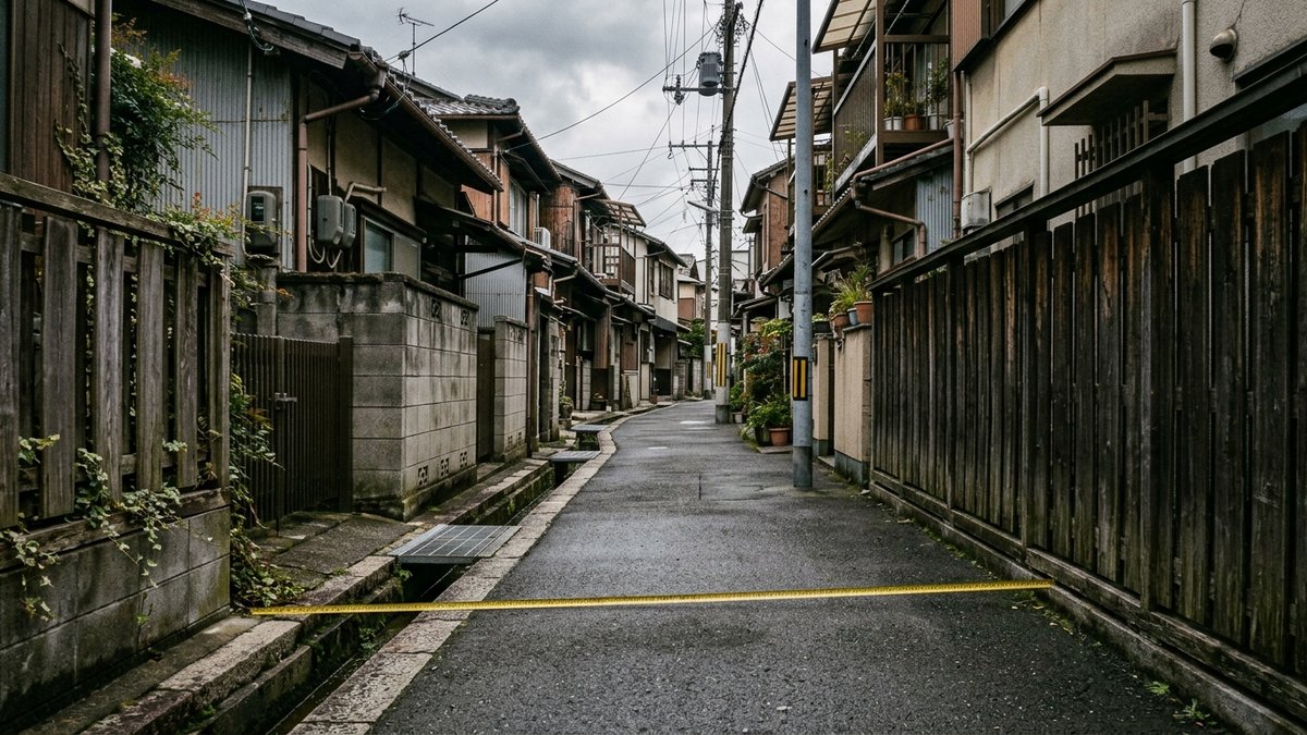 狭い道に伸ばした巻尺