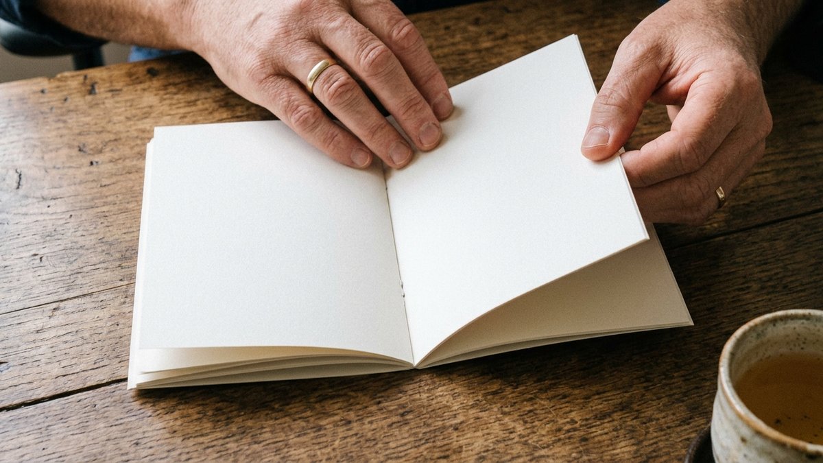 机の上で冊子になった書類のページをめくっている手元