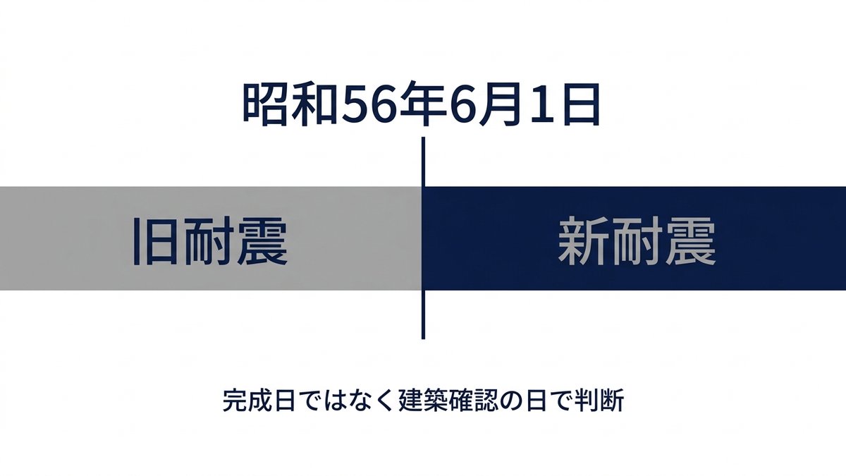 昭和56年6月1日を境に新旧の耐震基準が分かれることを示した年表